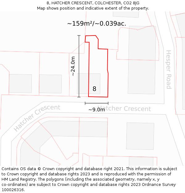 8, HATCHER CRESCENT, COLCHESTER, CO2 8JG: Plot and title map