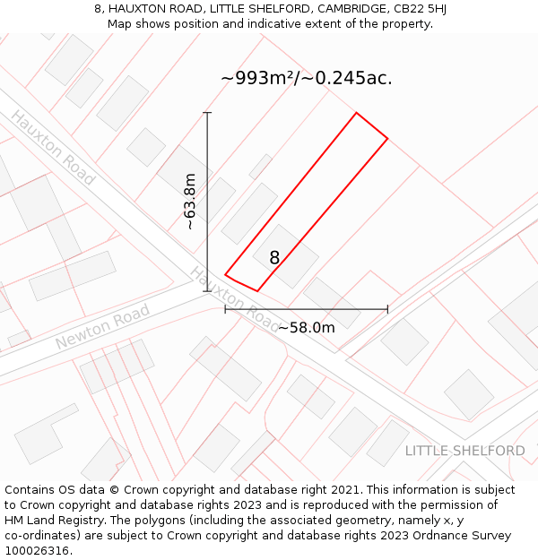 8, HAUXTON ROAD, LITTLE SHELFORD, CAMBRIDGE, CB22 5HJ: Plot and title map