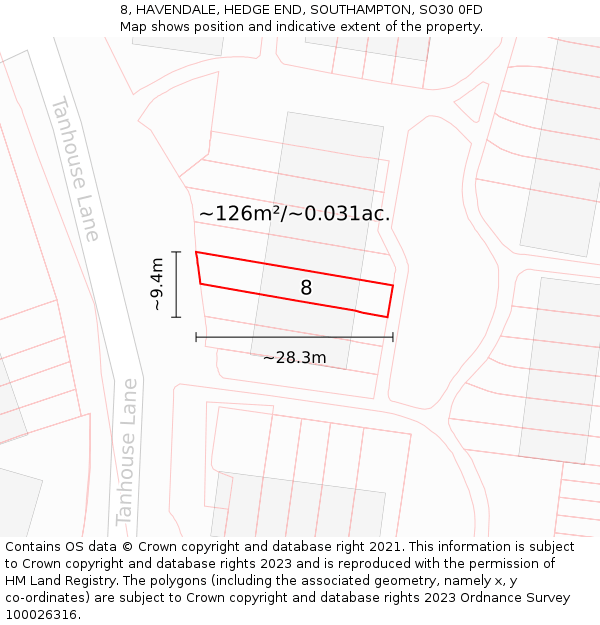 8, HAVENDALE, HEDGE END, SOUTHAMPTON, SO30 0FD: Plot and title map