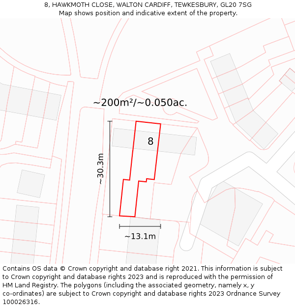 8, HAWKMOTH CLOSE, WALTON CARDIFF, TEWKESBURY, GL20 7SG: Plot and title map