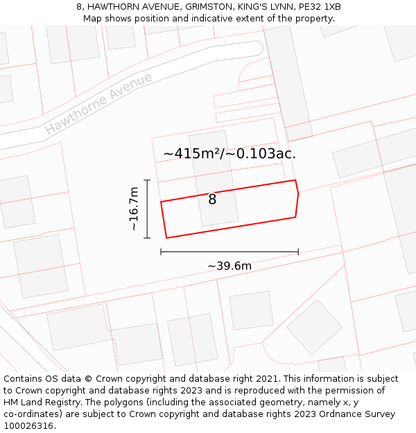 8, HAWTHORN AVENUE, GRIMSTON, KING'S LYNN, PE32 1XB: Plot and title map