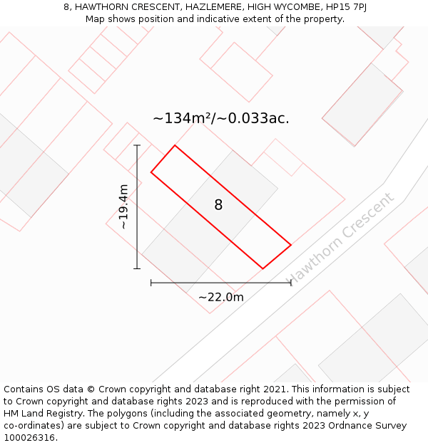 8, HAWTHORN CRESCENT, HAZLEMERE, HIGH WYCOMBE, HP15 7PJ: Plot and title map