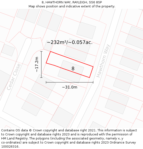 8, HAWTHORN WAY, RAYLEIGH, SS6 8SP: Plot and title map