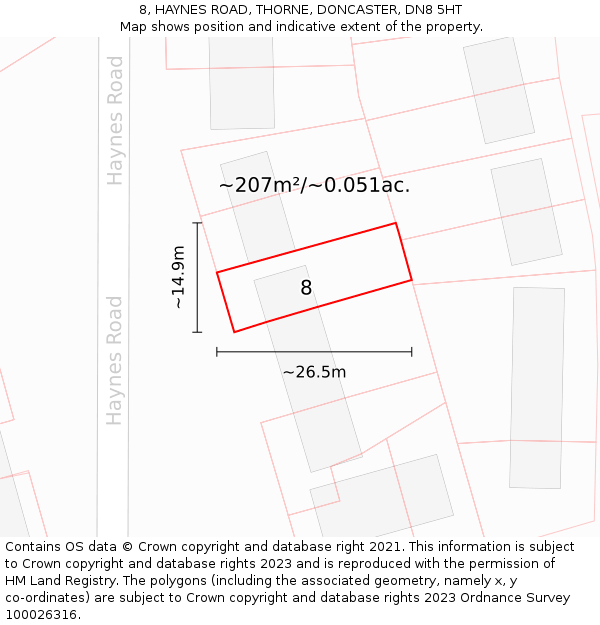 8, HAYNES ROAD, THORNE, DONCASTER, DN8 5HT: Plot and title map