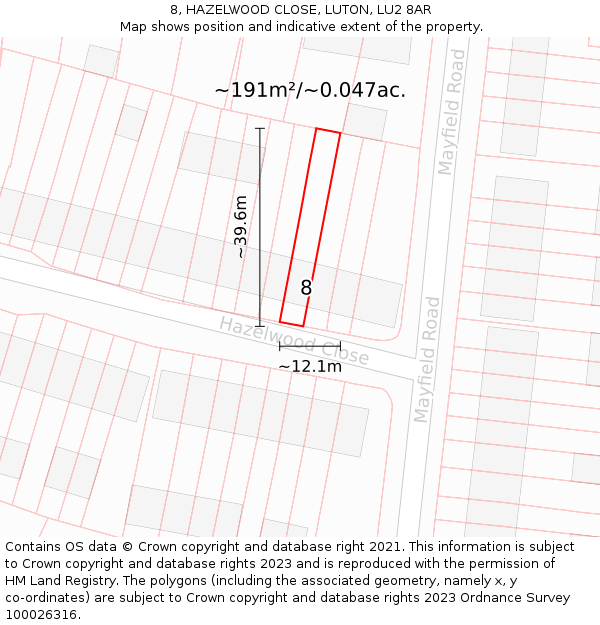 8, HAZELWOOD CLOSE, LUTON, LU2 8AR: Plot and title map