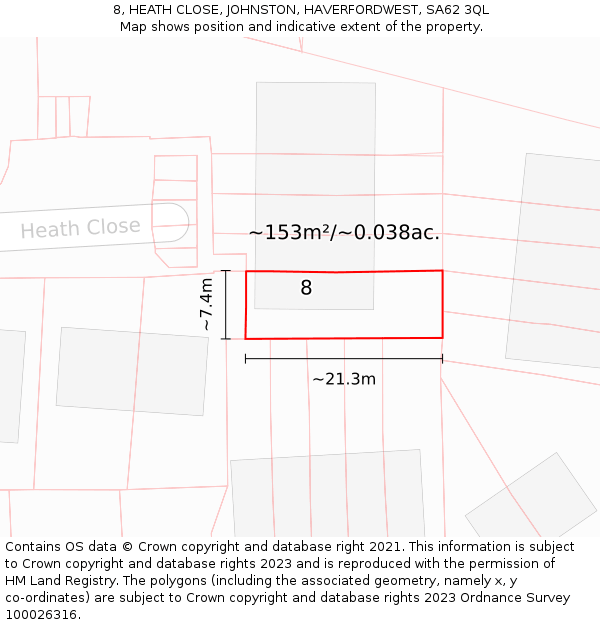 8, HEATH CLOSE, JOHNSTON, HAVERFORDWEST, SA62 3QL: Plot and title map