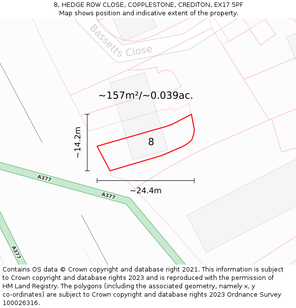 8, HEDGE ROW CLOSE, COPPLESTONE, CREDITON, EX17 5PF: Plot and title map