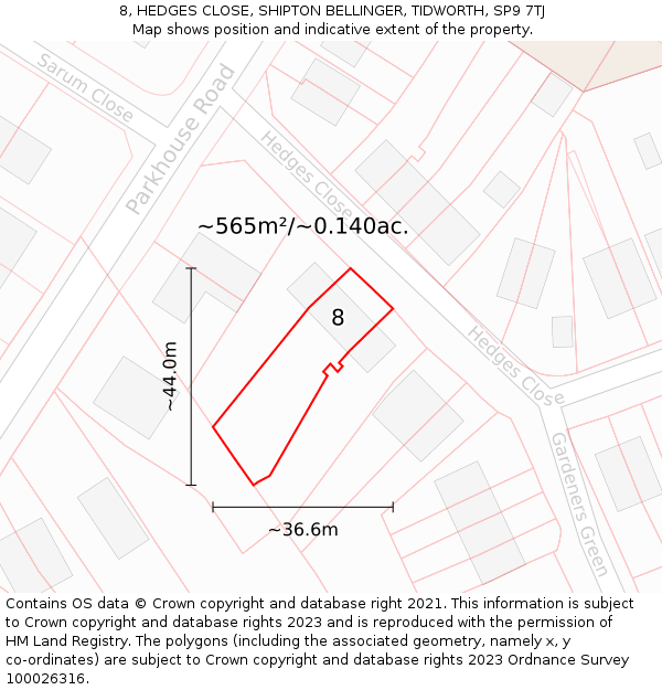 8, HEDGES CLOSE, SHIPTON BELLINGER, TIDWORTH, SP9 7TJ: Plot and title map
