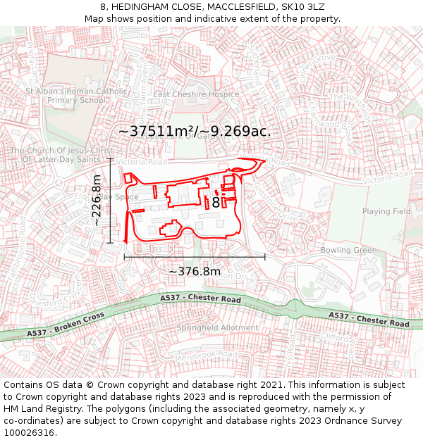 8, HEDINGHAM CLOSE, MACCLESFIELD, SK10 3LZ: Plot and title map