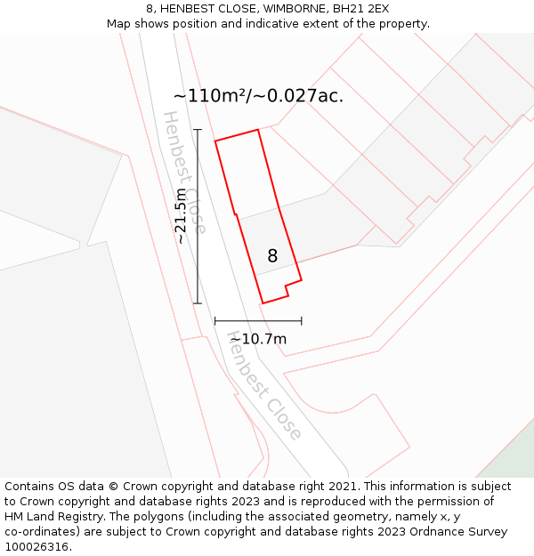 8, HENBEST CLOSE, WIMBORNE, BH21 2EX: Plot and title map