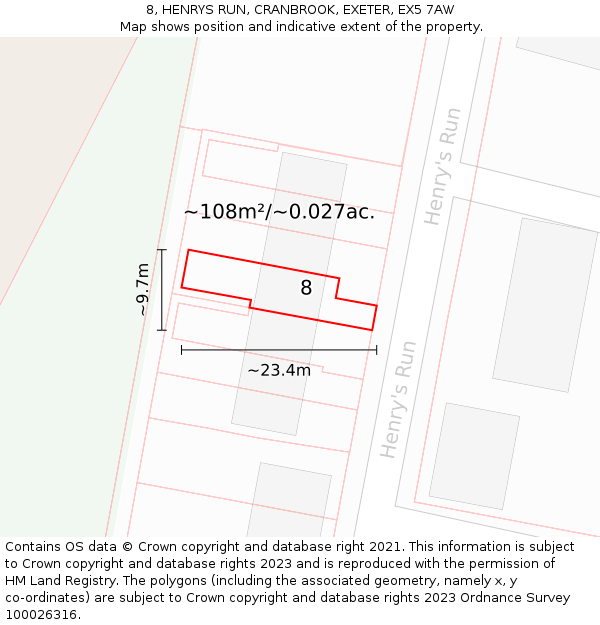 8, HENRYS RUN, CRANBROOK, EXETER, EX5 7AW: Plot and title map