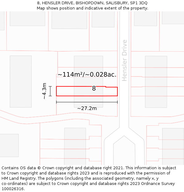 8, HENSLER DRIVE, BISHOPDOWN, SALISBURY, SP1 3DQ: Plot and title map