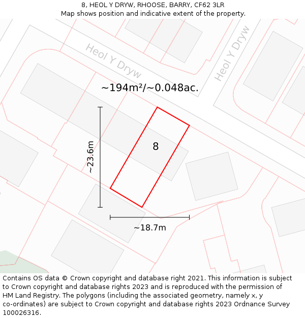8, HEOL Y DRYW, RHOOSE, BARRY, CF62 3LR: Plot and title map