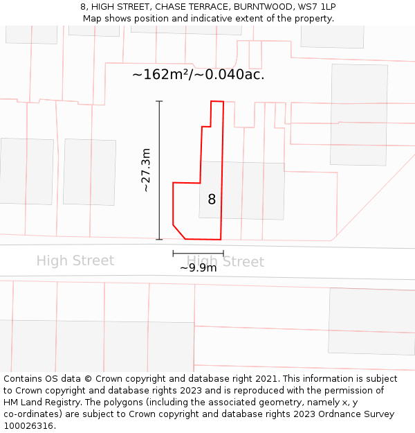 8, HIGH STREET, CHASE TERRACE, BURNTWOOD, WS7 1LP: Plot and title map