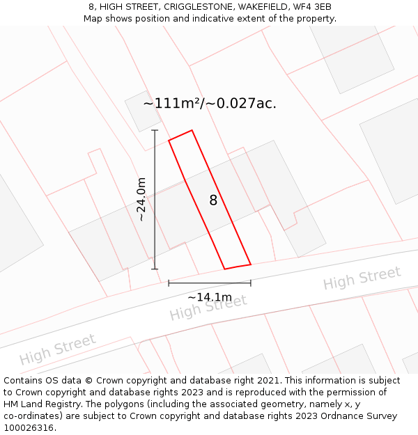 8, HIGH STREET, CRIGGLESTONE, WAKEFIELD, WF4 3EB: Plot and title map