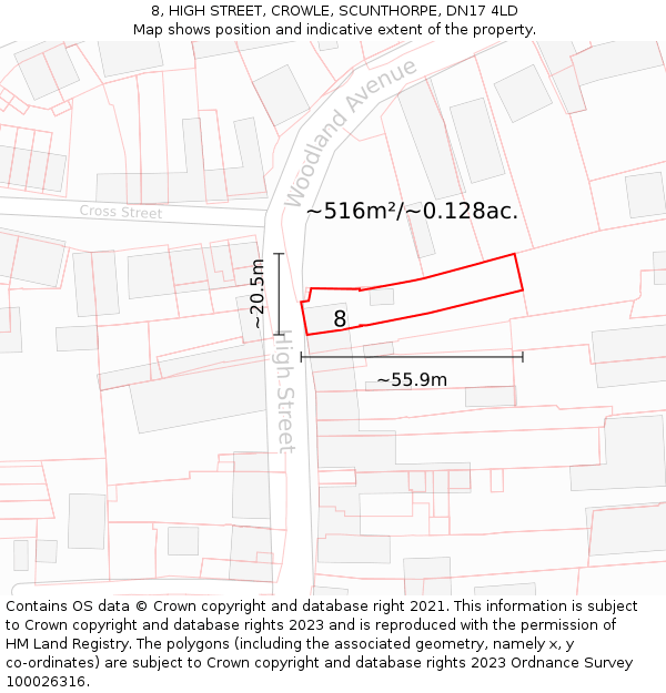 8, HIGH STREET, CROWLE, SCUNTHORPE, DN17 4LD: Plot and title map