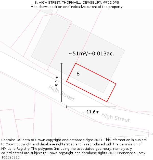 8, HIGH STREET, THORNHILL, DEWSBURY, WF12 0PS: Plot and title map