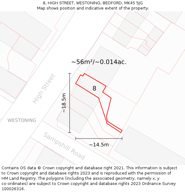 8, HIGH STREET, WESTONING, BEDFORD, MK45 5JG: Plot and title map