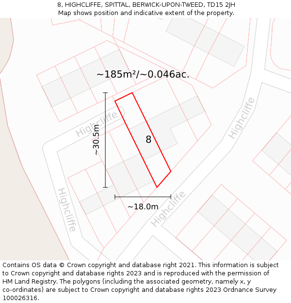 8, HIGHCLIFFE, SPITTAL, BERWICK-UPON-TWEED, TD15 2JH: Plot and title map