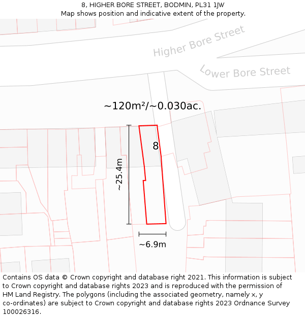 8, HIGHER BORE STREET, BODMIN, PL31 1JW: Plot and title map