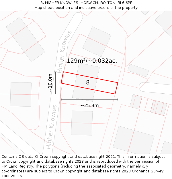 8, HIGHER KNOWLES, HORWICH, BOLTON, BL6 6PF: Plot and title map
