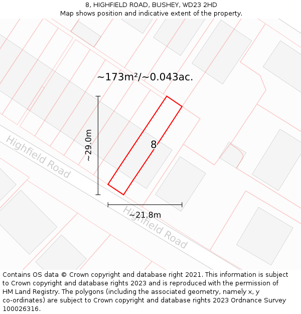 8, HIGHFIELD ROAD, BUSHEY, WD23 2HD: Plot and title map