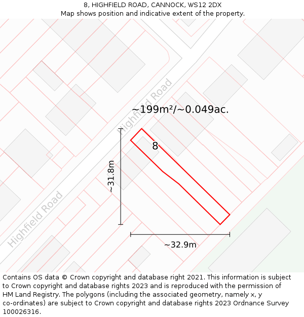 8, HIGHFIELD ROAD, CANNOCK, WS12 2DX: Plot and title map