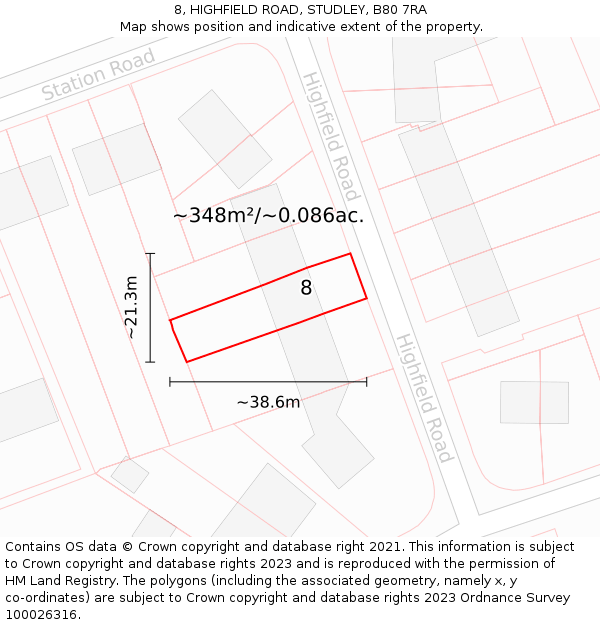 8, HIGHFIELD ROAD, STUDLEY, B80 7RA: Plot and title map