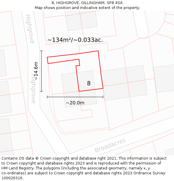 8, HIGHGROVE, GILLINGHAM, SP8 4SA: Plot and title map