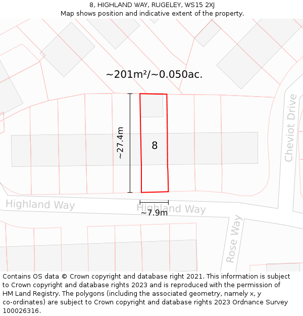 8, HIGHLAND WAY, RUGELEY, WS15 2XJ: Plot and title map