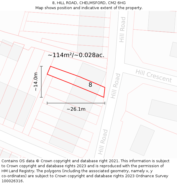 8, HILL ROAD, CHELMSFORD, CM2 6HG: Plot and title map