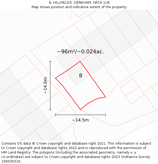 8, HILLFIELDS, DEREHAM, NR19 1UE: Plot and title map