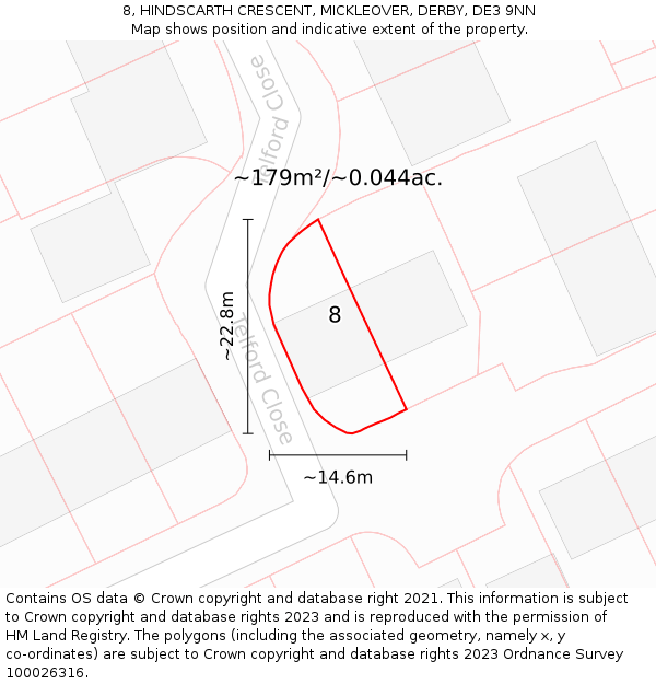 8, HINDSCARTH CRESCENT, MICKLEOVER, DERBY, DE3 9NN: Plot and title map