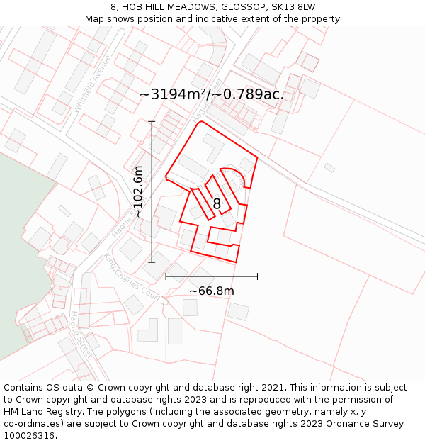 8, HOB HILL MEADOWS, GLOSSOP, SK13 8LW: Plot and title map