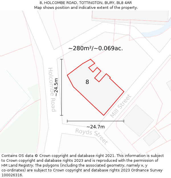 8, HOLCOMBE ROAD, TOTTINGTON, BURY, BL8 4AR: Plot and title map