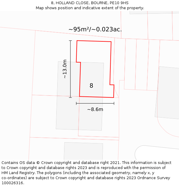 8, HOLLAND CLOSE, BOURNE, PE10 9HS: Plot and title map