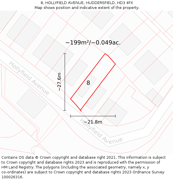 8, HOLLYFIELD AVENUE, HUDDERSFIELD, HD3 4FX: Plot and title map