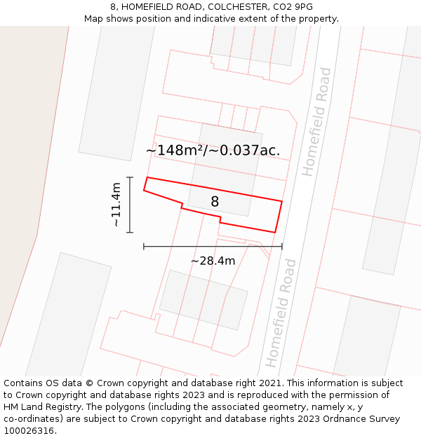 8, HOMEFIELD ROAD, COLCHESTER, CO2 9PG: Plot and title map