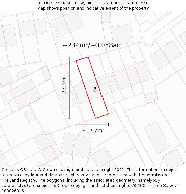 8, HONEYSUCKLE ROW, RIBBLETON, PRESTON, PR2 6YT: Plot and title map