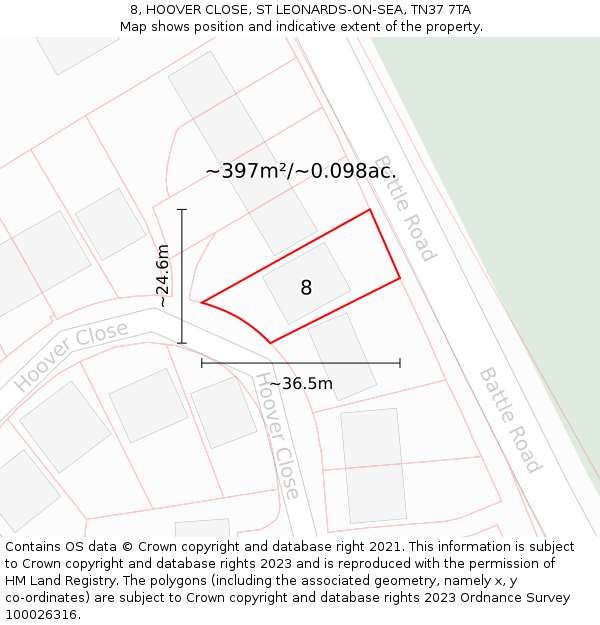 8, HOOVER CLOSE, ST LEONARDS-ON-SEA, TN37 7TA: Plot and title map
