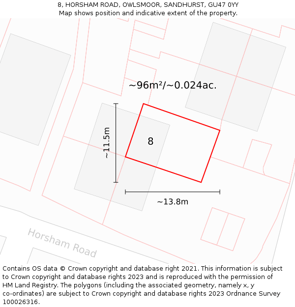 8, HORSHAM ROAD, OWLSMOOR, SANDHURST, GU47 0YY: Plot and title map