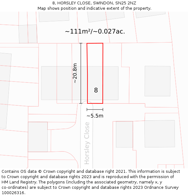 8, HORSLEY CLOSE, SWINDON, SN25 2NZ: Plot and title map