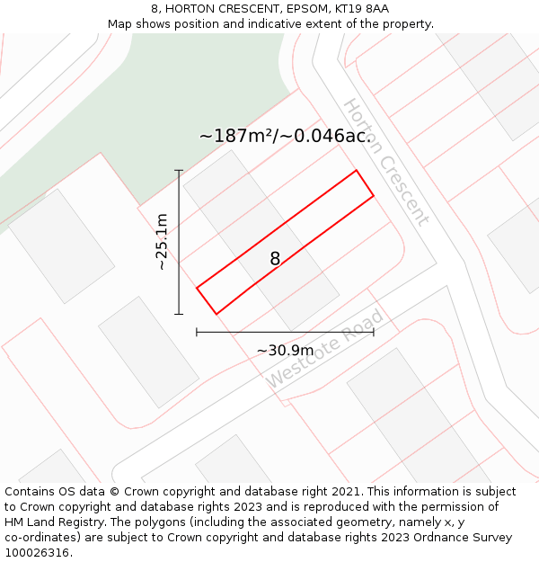 8, HORTON CRESCENT, EPSOM, KT19 8AA: Plot and title map