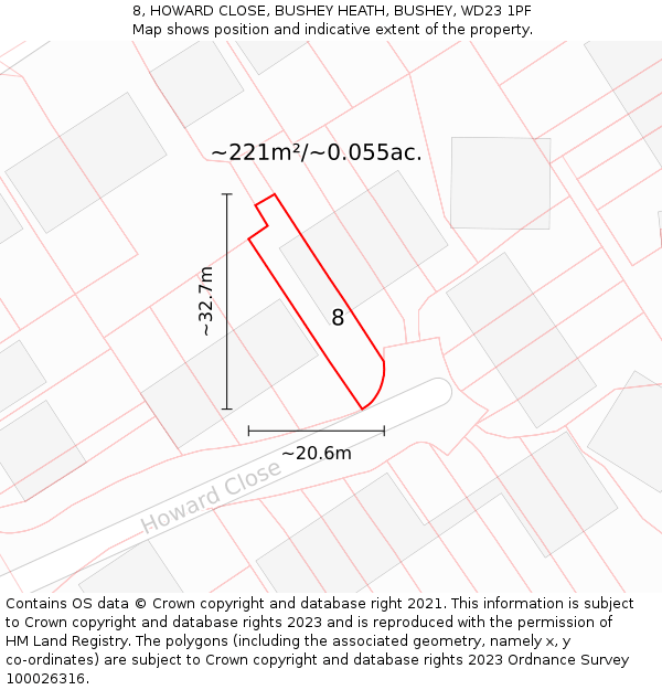 8, HOWARD CLOSE, BUSHEY HEATH, BUSHEY, WD23 1PF: Plot and title map