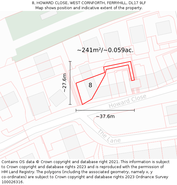 8, HOWARD CLOSE, WEST CORNFORTH, FERRYHILL, DL17 9LF: Plot and title map