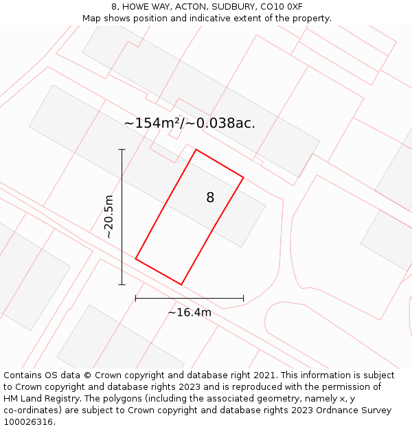 8, HOWE WAY, ACTON, SUDBURY, CO10 0XF: Plot and title map