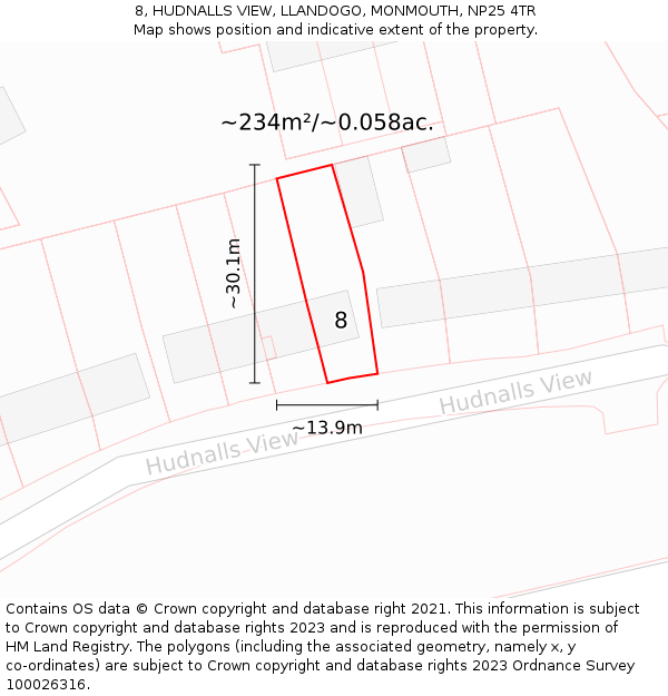 8, HUDNALLS VIEW, LLANDOGO, MONMOUTH, NP25 4TR: Plot and title map