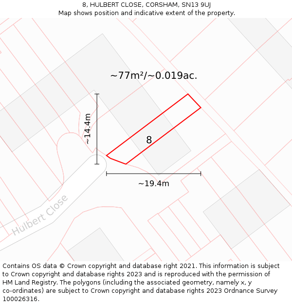 8, HULBERT CLOSE, CORSHAM, SN13 9UJ: Plot and title map