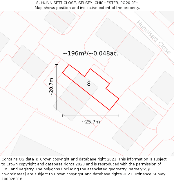 8, HUNNISETT CLOSE, SELSEY, CHICHESTER, PO20 0FH: Plot and title map