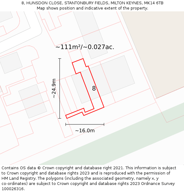 8, HUNSDON CLOSE, STANTONBURY FIELDS, MILTON KEYNES, MK14 6TB: Plot and title map